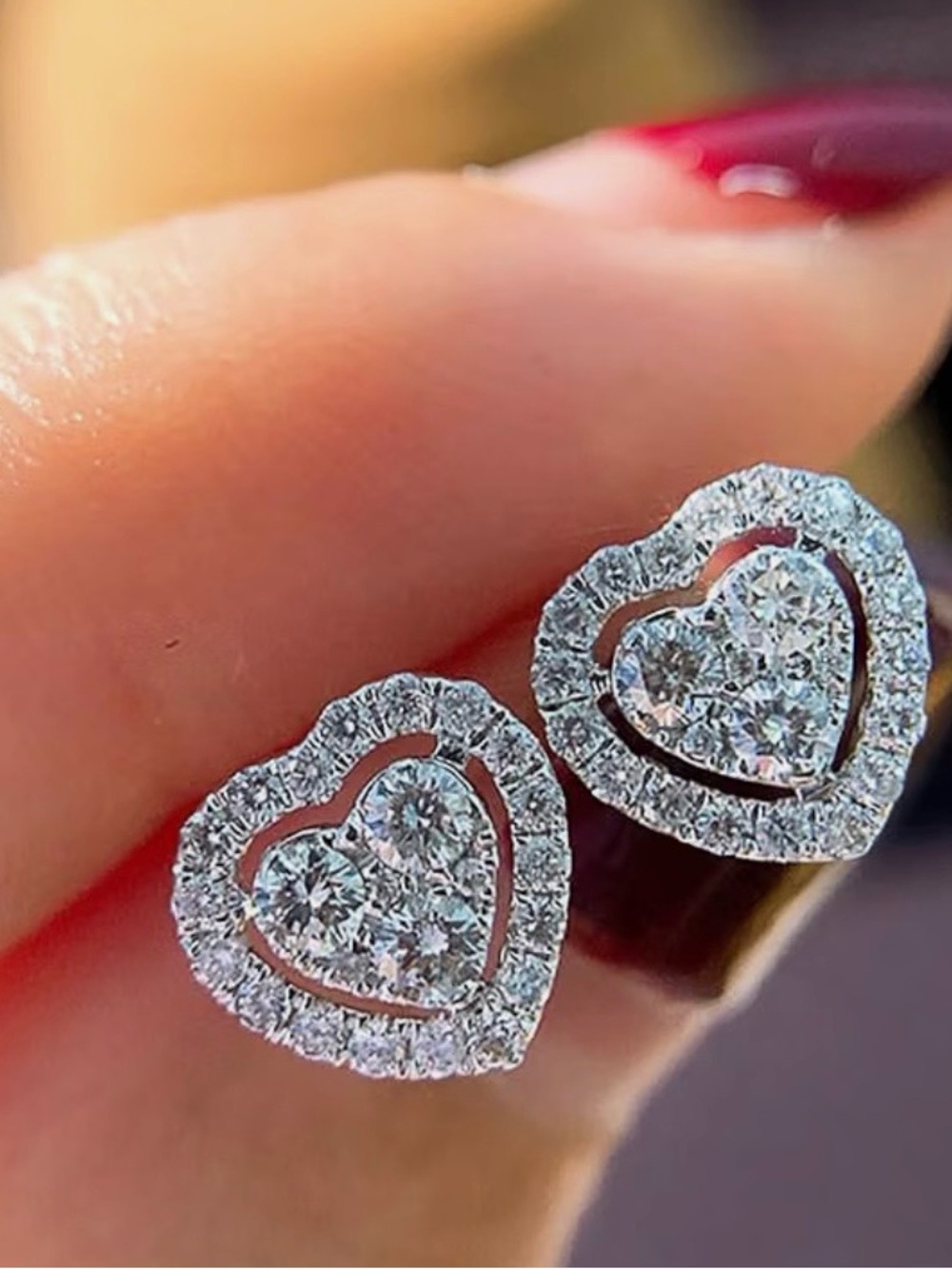 Heart Halo Diamond Stud Earrings - White